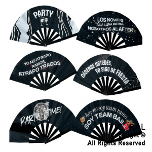 Abanicos con frases party fiesta blanco y negro x 12